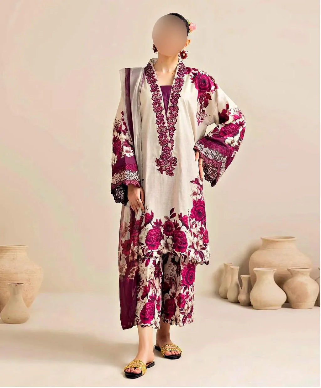 3 Pcs Unstitched Silky Suit – Pink