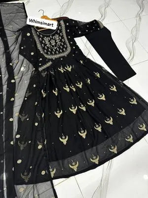 3 Pcs Women's Stitched Chiffon Embroidered Maxi Suit – Black
