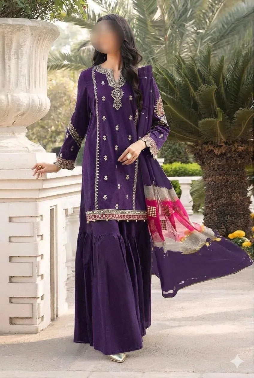 3 Pcs Women's Unstitched Embroidered Lawn Suit – Purple