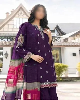 3 Pcs Women's Unstitched Embroidered Lawn Suit – Purple