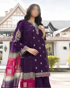 3 Pcs Women's Unstitched Embroidered Lawn Suit – Purple