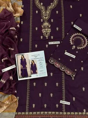 3 Pcs Women's Unstitched Embroidered Lawn Suit – Purple