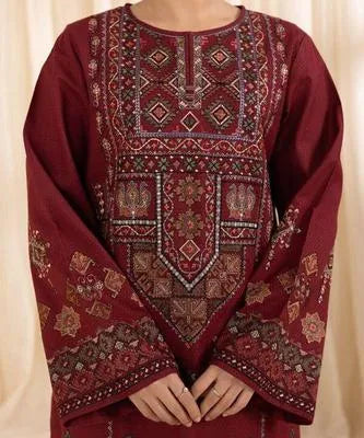 3 Pcs Women's Unstitched Embroidered Lawn Suit – Maroon