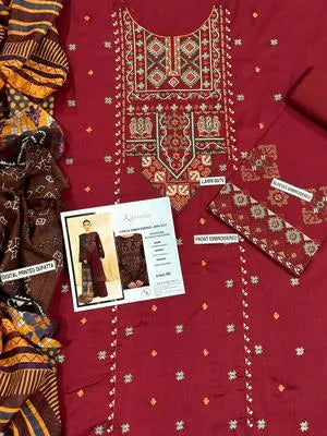 3 Pcs Women's Unstitched Embroidered Lawn Suit – Maroon