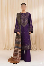 3 Pcs Women's Unstitched Embroidered Lawn Suit – Purple