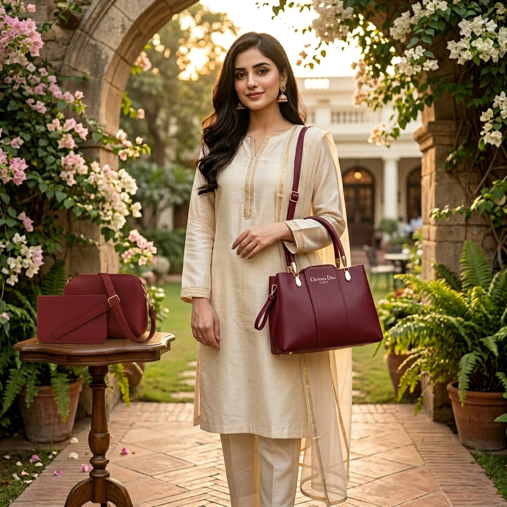 3-Piece Maroon Leather Handbag Set – Stylish & Organized Everyday Carry