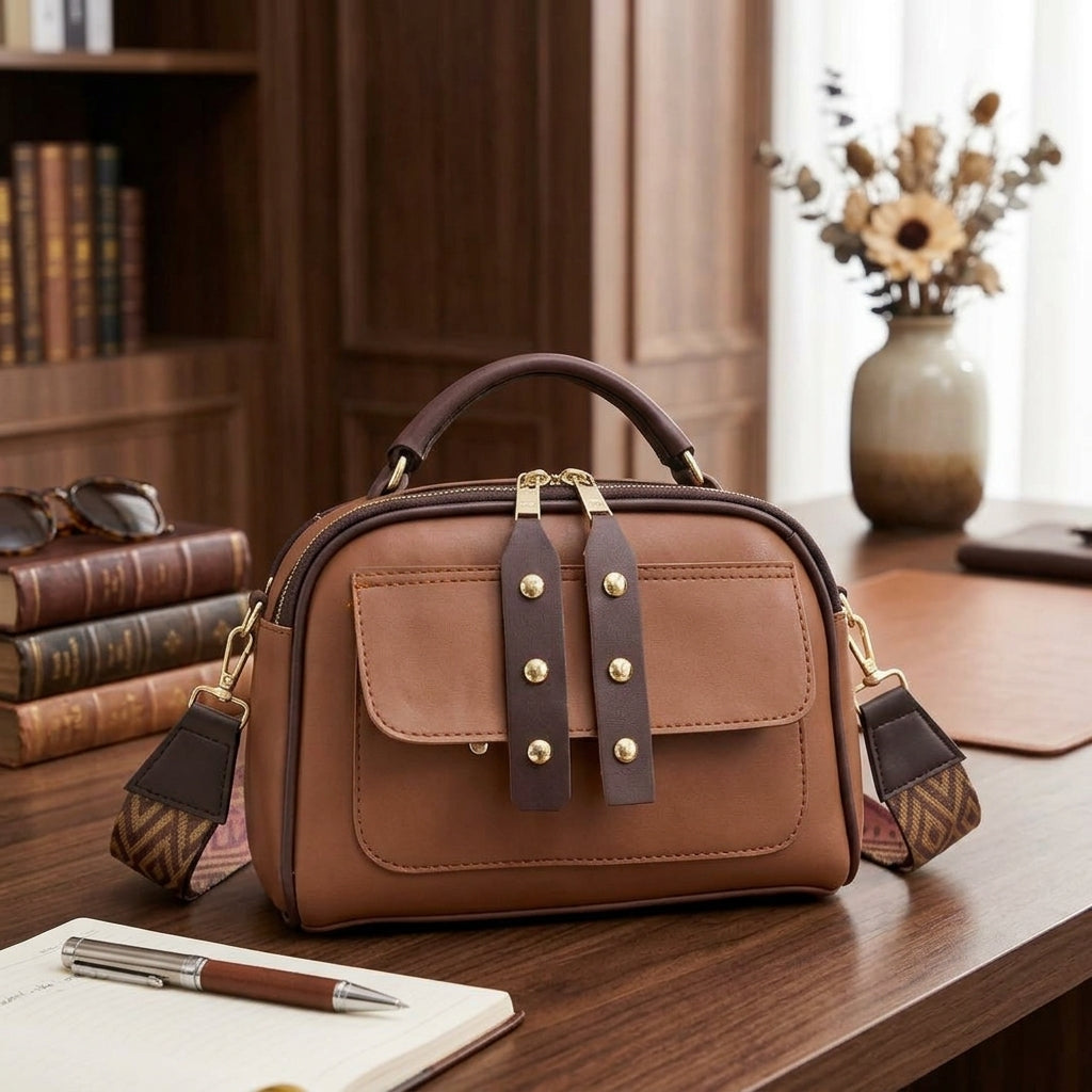 Women's Leather Plain Shoulder Bag – Brown