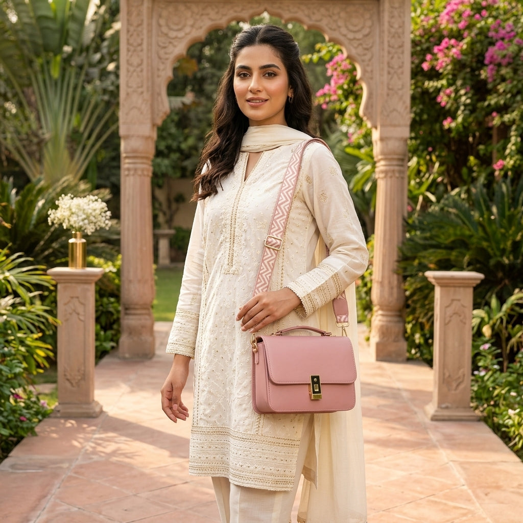 Compact Pink Leather Crossbody Bag