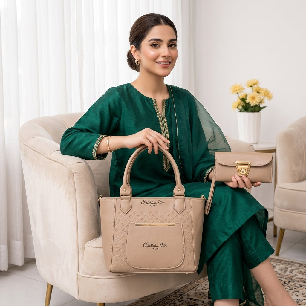 Women's Leather Plain Shoulder Bag – Beige