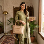 Women's Leather Plain Shoulder Bag – Beige