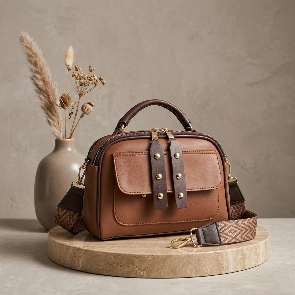 Women's Leather Plain Shoulder Bag – Brown
