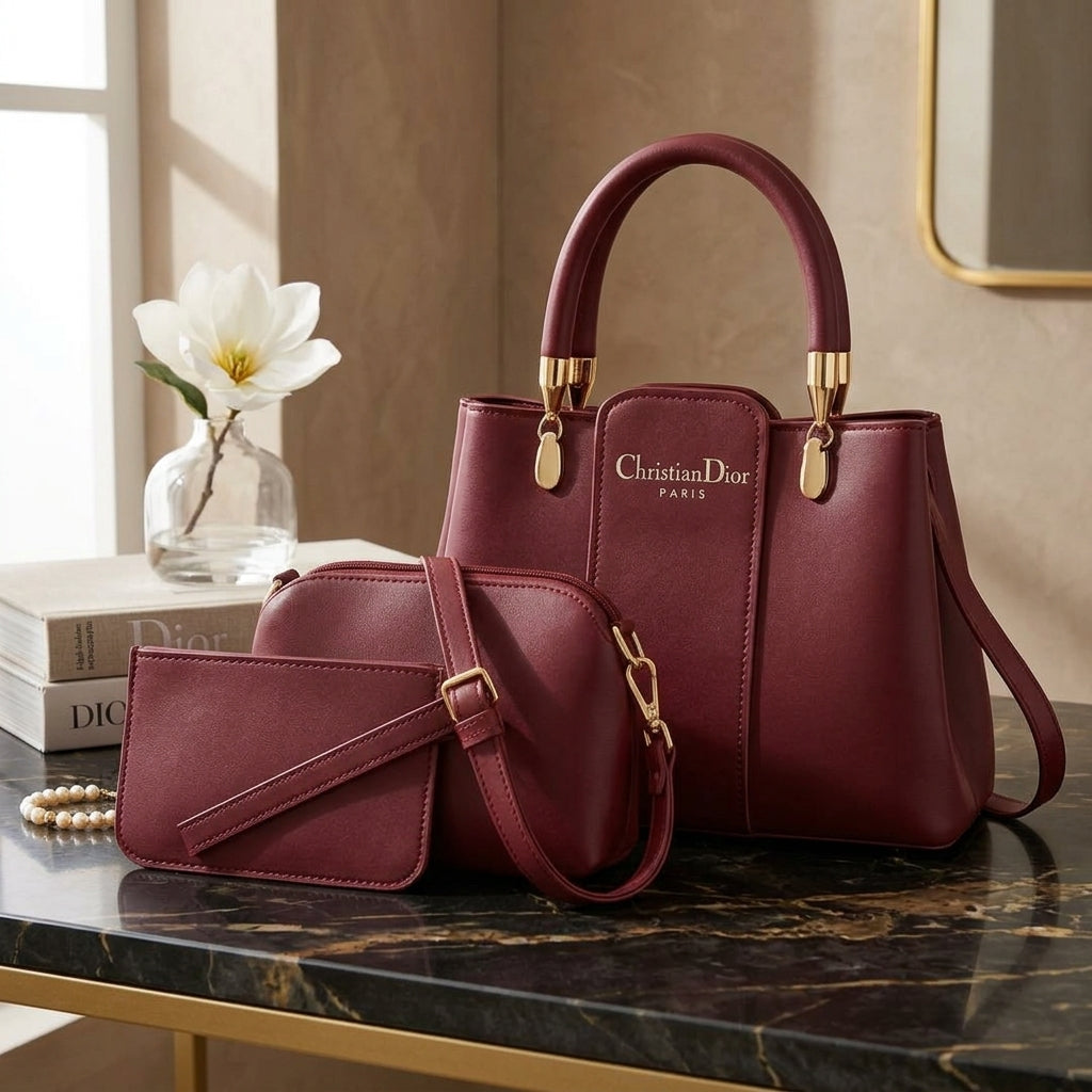 3-Piece Maroon Leather Handbag Set – Stylish & Organized Everyday Carry